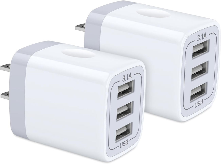 USB Wall Charger,  2Pack Wall Plug 3-Port USB Charging Station 3.1A Power Adapter Multi Port Quick Charger Block Cube for Iphone 17 16 15 14 13 12 11 Pro XS MAX 8 Ipad Samsung Galaxy S25 S24 S23