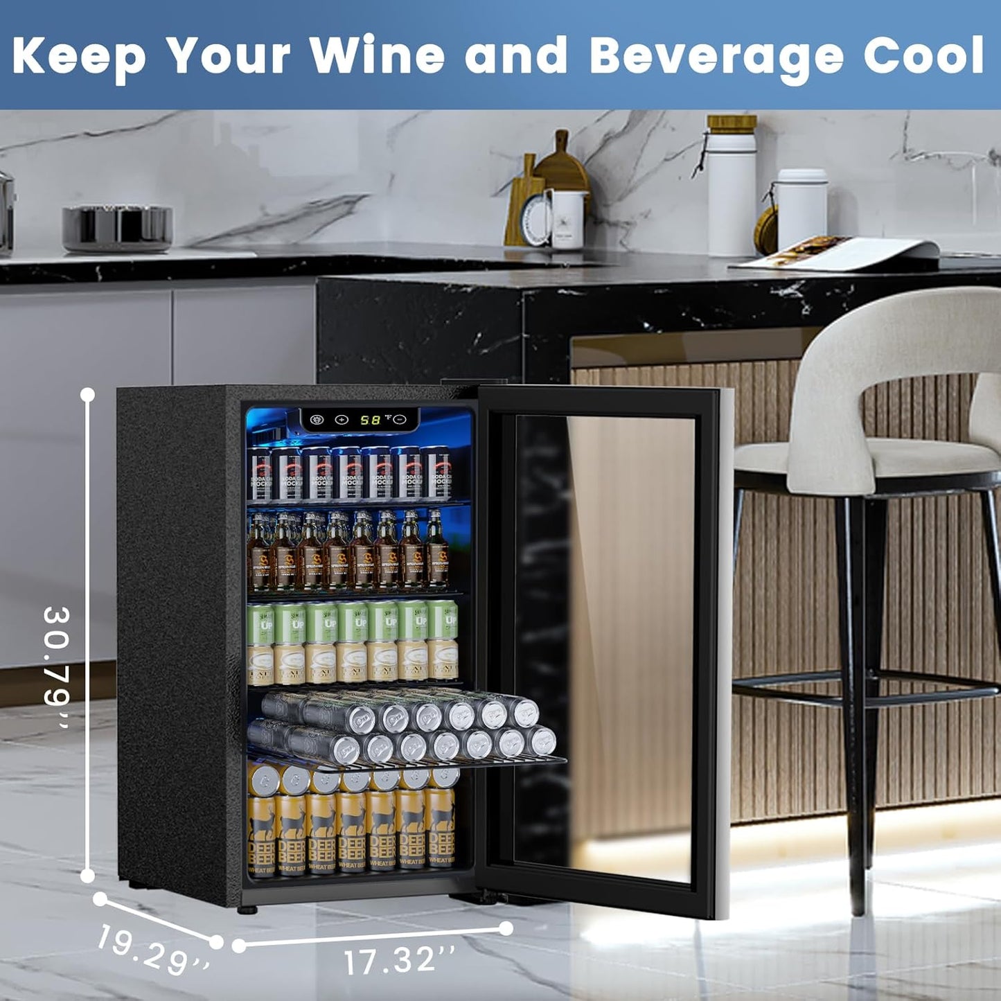 Mini Fridge 130 Can Beverage Refrigerator Cooler, 3.2 Cu.Ft Drink Fridge for Soda Wine Beer, Adjustable Temperature Control for Home Office, Black