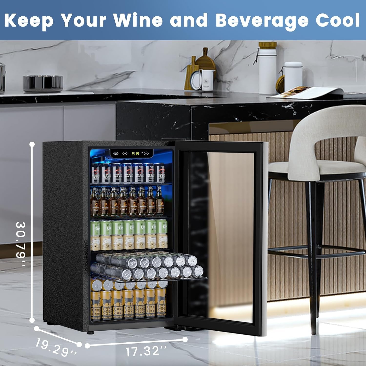 Mini Fridge 130 Can Beverage Refrigerator Cooler, 3.2 Cu.Ft Drink Fridge for Soda Wine Beer, Adjustable Temperature Control for Home Office, Black