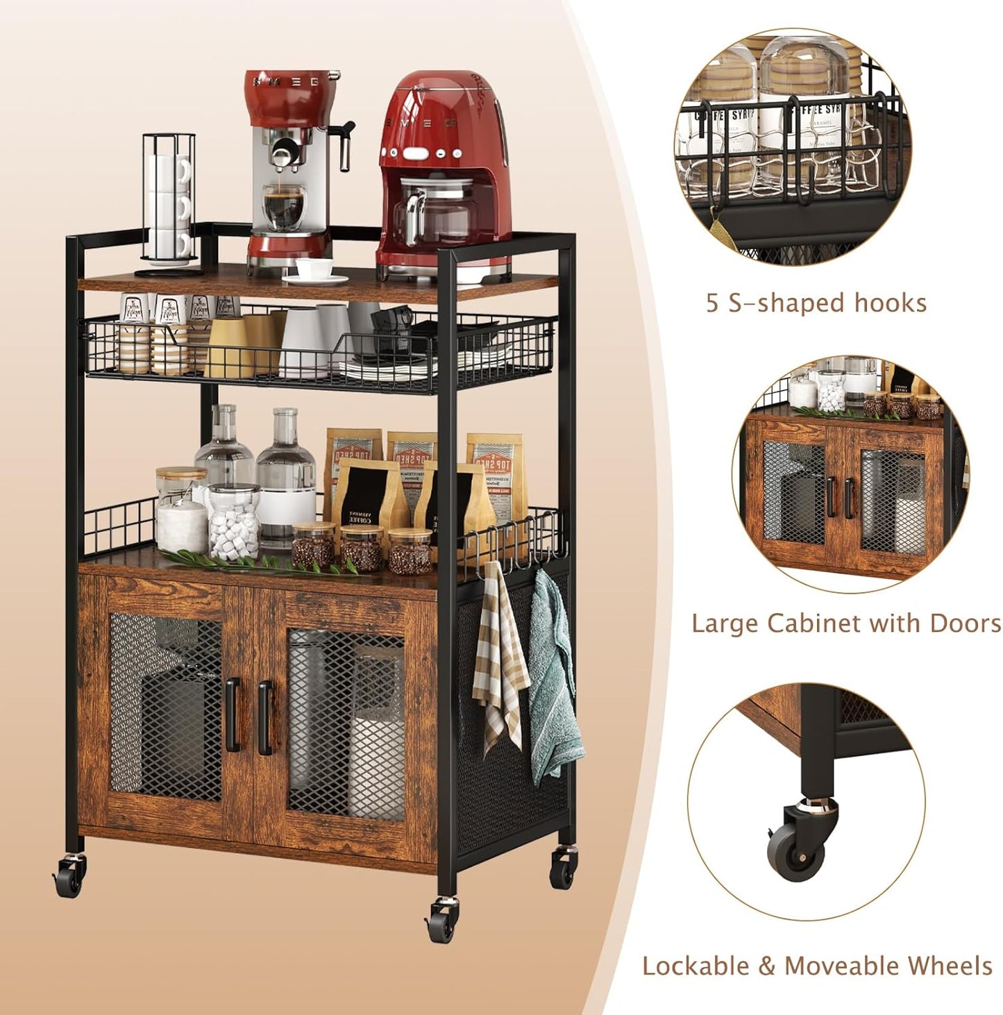 Hencawima Coffee Bar Cabinet, 3 Tier Coffee Station Table on Wheels, 35.9" H Bar Cart with Wire Basket Drawer & 5 Hooks for Home Kitchen, Liquor Buffet Sideboard Cabinet (Rustic Brown)