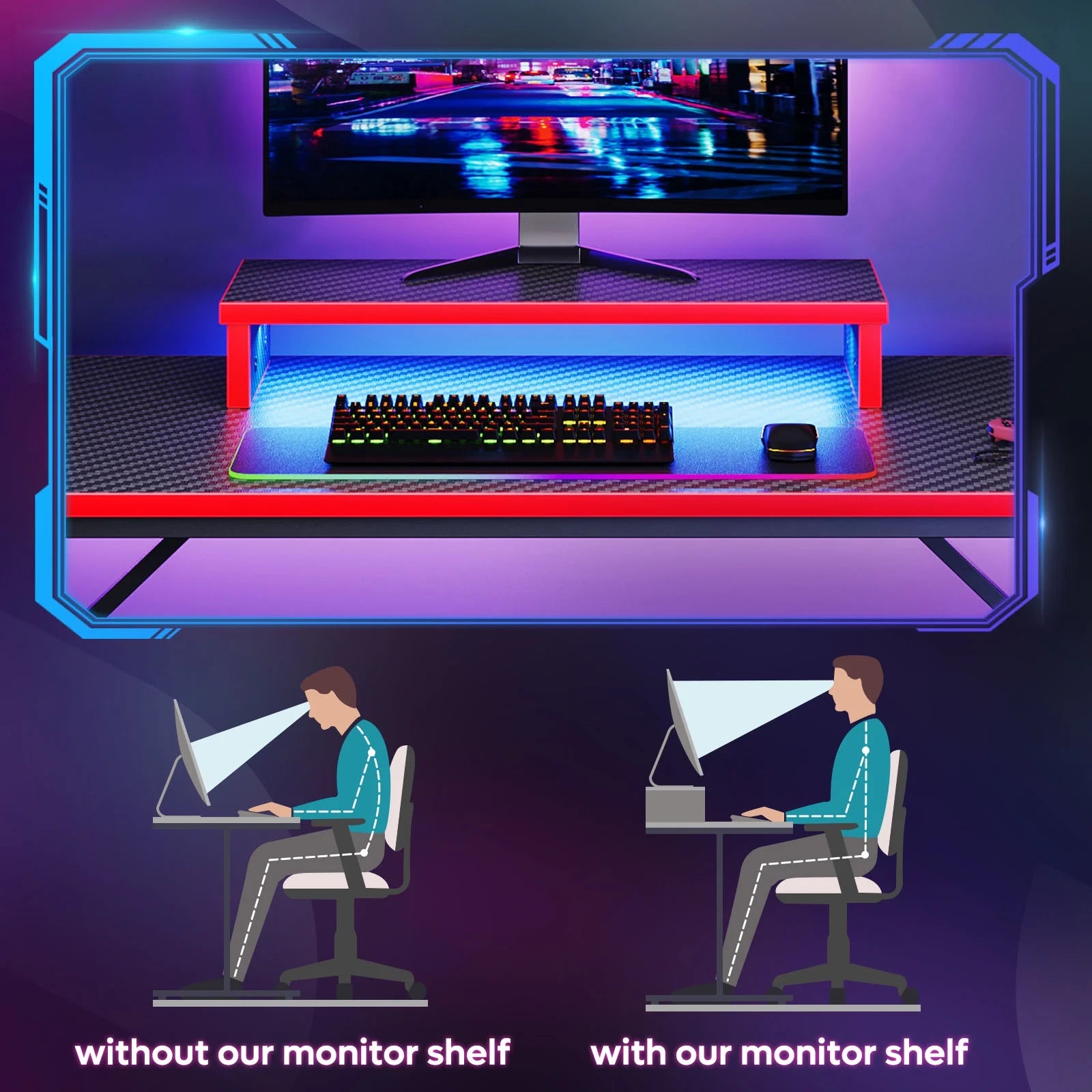 Bestier 42" Gaming Desk PC Computer Office Gamer Table Desk with LED Lights & Monitor Stand in Red
