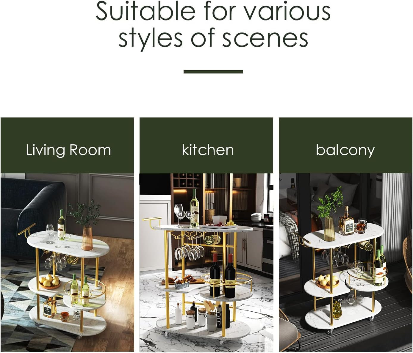 PAUKIN Gold Bar Carts with 4-Tier Storage Shelves, Mobile Bar Serving Cart with Wine Rack and Glass Holder, for the Home, Kitchen, Living Room, Dining Room