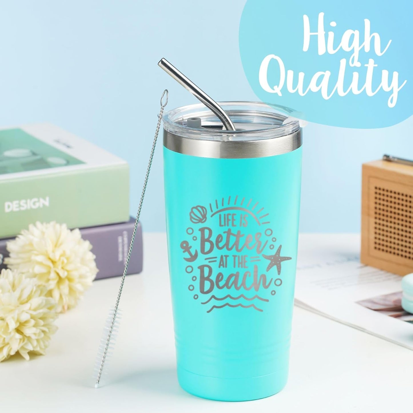 Onebttl Beach Gifts for Women or Men, 20Oz Vacuum Insulated Stainless Steel Travel Tumbler with Lid, Beach Themed Gifts, Gifts for Beach Lovers, Blue (Life Is Better at the Beach)