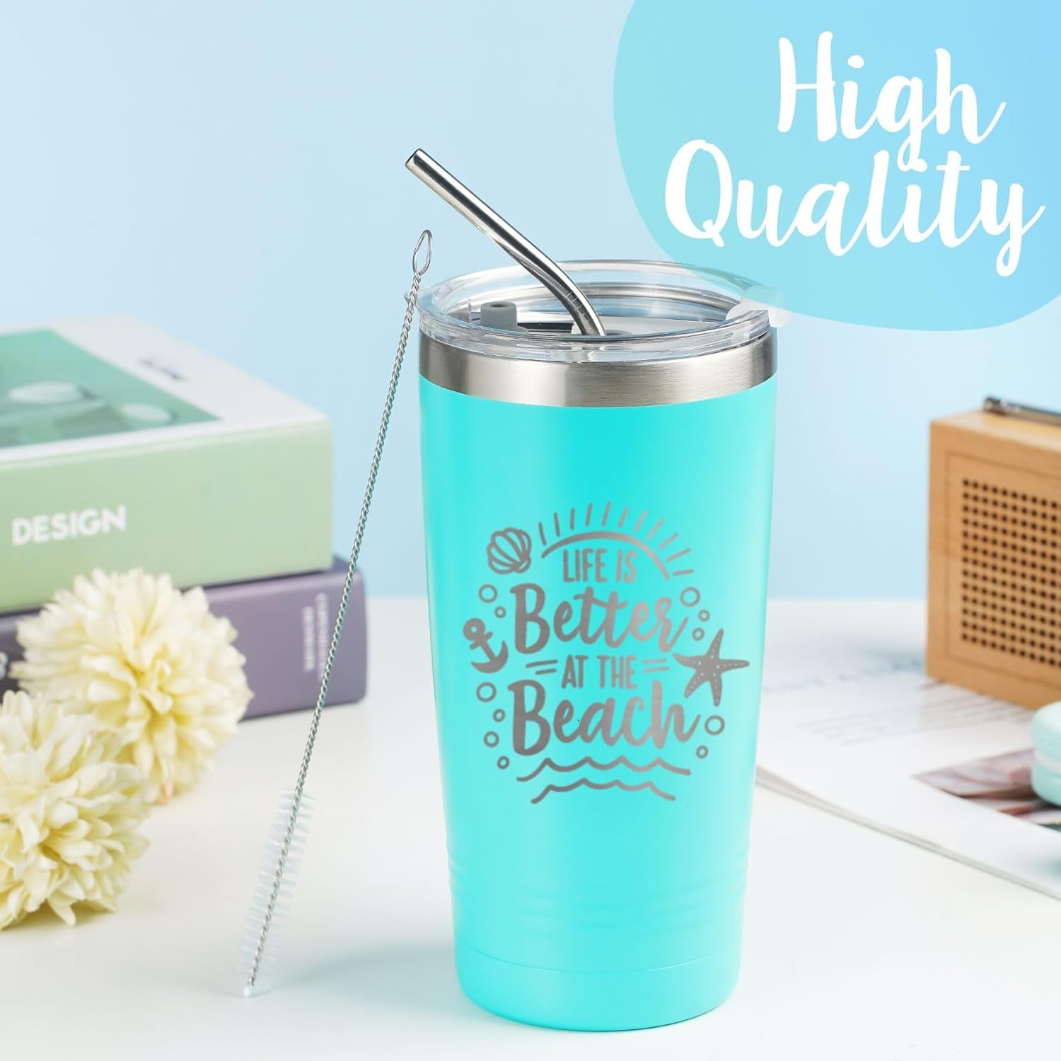 Onebttl Beach Gifts for Women or Men, 20Oz Vacuum Insulated Stainless Steel Travel Tumbler with Lid, Beach Themed Gifts, Gifts for Beach Lovers, Blue (Life Is Better at the Beach)