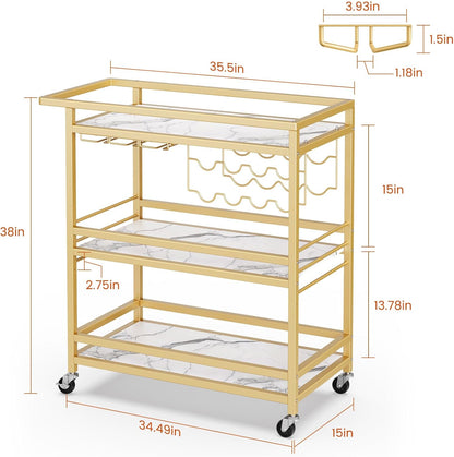 Leteuke Bar Cart for Home, 3 Tier Gold Serving Rolling Carts with Wheels, Drink Cart, Liquor Stand with Marbled Wooden Shelves, Wine Rack and Glass Holder for Kitchen, Dining Room