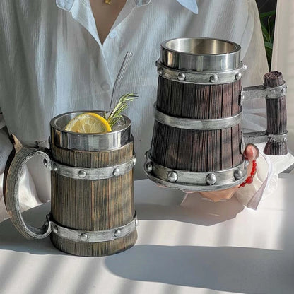 Viking Wood Style Beer Mug 3D Resin Stainless Steel Coffee Cup Wine Glass Metal Double Wall Mug Beer Jug Cup Thermal