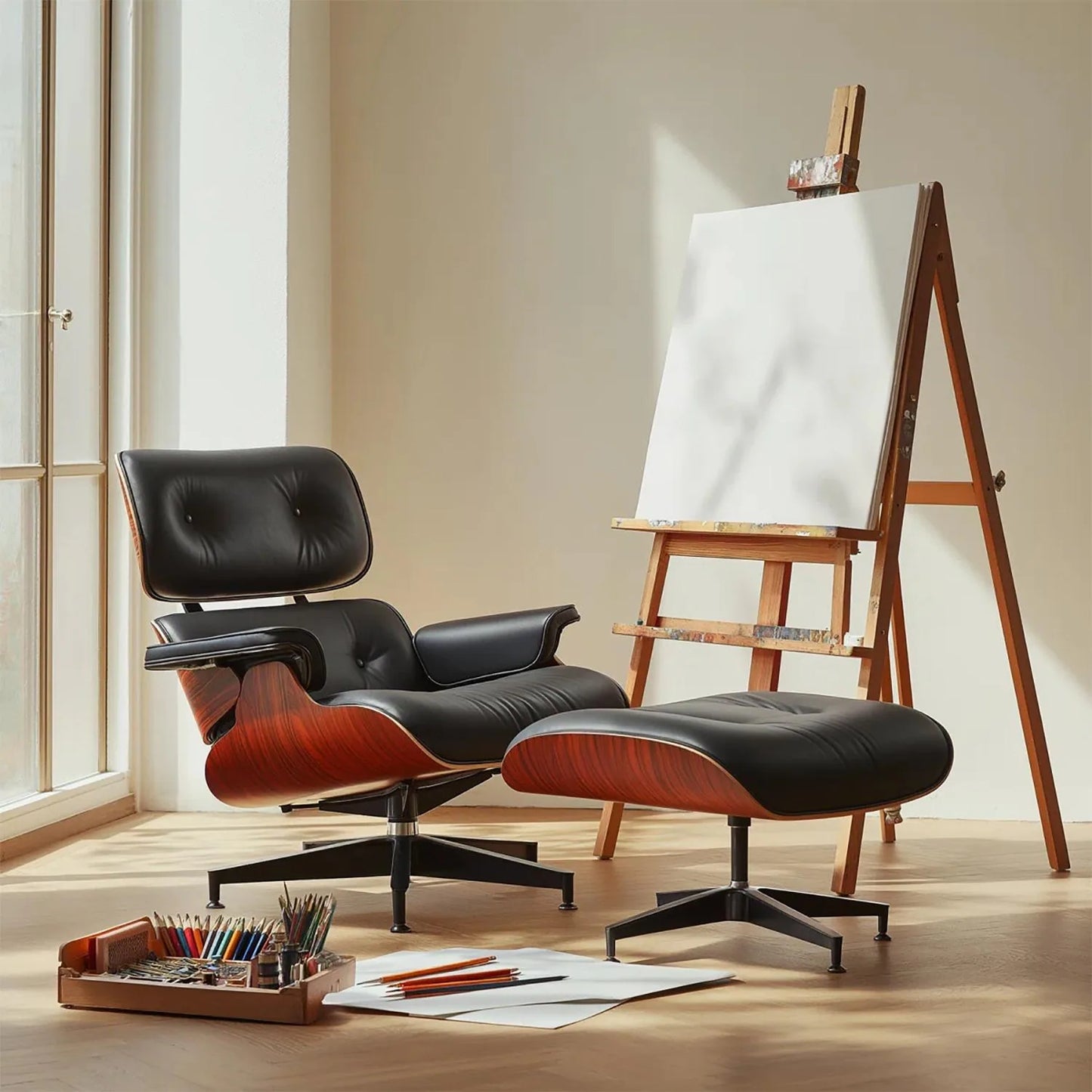 Mid-Century Full Grain Leather Accent Chaise Lounge Chair and Ottoman