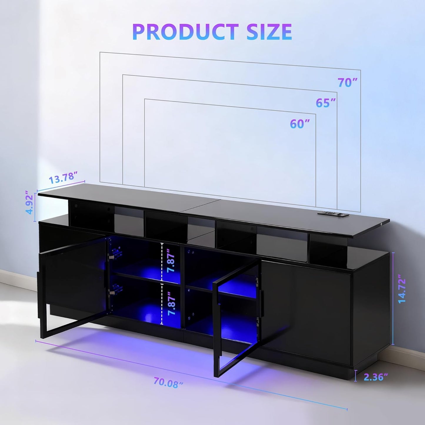 70 Inch Black TV Stand with LED Lights, Power Strips, and USB Charging Station for Mobile Phones, Transparent Glass Door Storage Cabinet, Entertainment Center with Large Storage Space