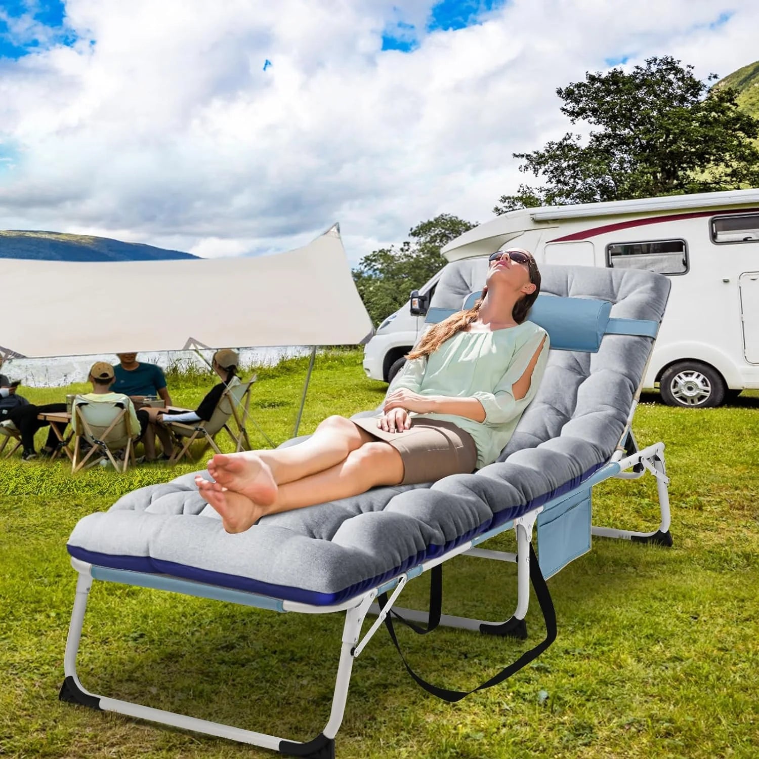 Slsy 3 in 1 Sun Tanning Chair Oversized with Mat & Face Arm Hole, 5-Position Heavy Duty Folding Chaise Outdoor Lounge Chair W/ Pillow, for Beach, Pool, Lawn, Yard, Patio