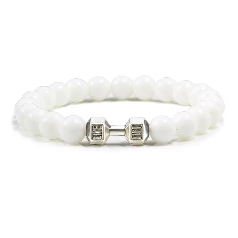 ForgeFit™ Volcanic Stone Fitness Bracelet / Natural Volcanic Stone Bracelet Men Matte Black Lave White Beads Charm Dumbbell Strand Bracelets Women Barbell Fitness Jewelry