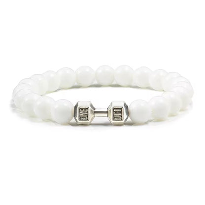 ForgeFit™ Volcanic Stone Fitness Bracelet / Natural Volcanic Stone Bracelet Men Matte Black Lave White Beads Charm Dumbbell Strand Bracelets Women Barbell Fitness Jewelry
