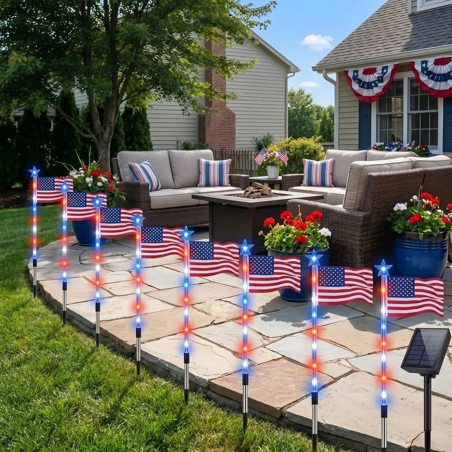 8-Piece Flag Light Set, 4Th of July Decorations 8 Lighting Modes, 8-In-1 American Flag Solar Lights, Memorial Day Decorations Featuring Red, White, and Blue Lights for Independence Day Pathway Garden Decorations Yard Pathway