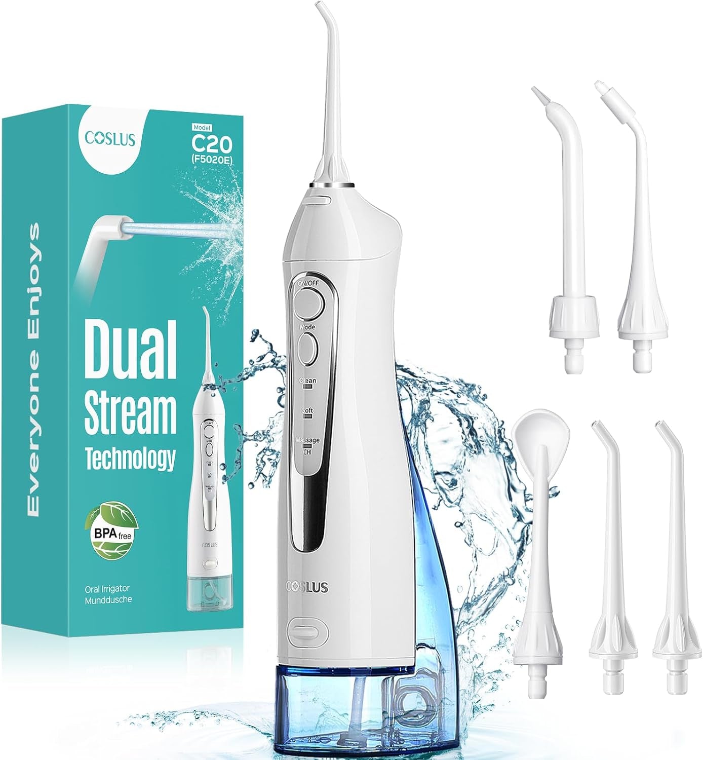 COSLUS Water Dental Flosser Teeth Pick C20: ADA Accepted, Portable Cordless Oral Irrigator 300ML Rechargeable Travel Irrigation Cleaner IPX7 Waterproof Electric Flossing Machine for Teeth, Black