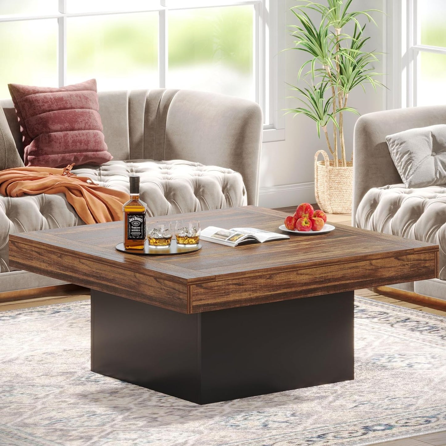 Tribesigns Coffee Table Square LED Coffee Table Engineered Wood Low Center Cocktail Tables for Living Room (Rustic Brown+Black)