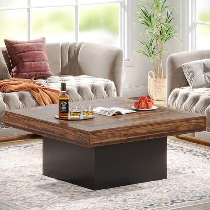 Tribesigns Coffee Table Square LED Coffee Table Engineered Wood Low Center Cocktail Tables for Living Room (Rustic Brown+Black)