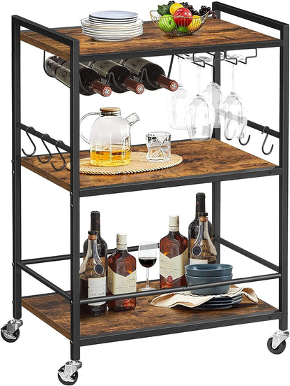 TUTOTAK Bar Cart, Serving Cart for Home, Microwave Cart, Drink Cart, Mobile Kitchen Shelf with Wine Rack and Glass Holder, Rolling Beverage Cart BC01BB030