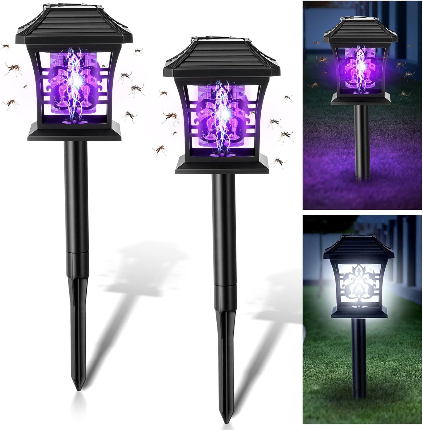 2 Pack Solar Bug Zapper with 365Nm UV Light, 2 Light Modes & 4 Installation Ways, Outdoor Mosquito Zapper for Lawn for Indoor Outdoor Use Garden & Camping Patio(Classic)