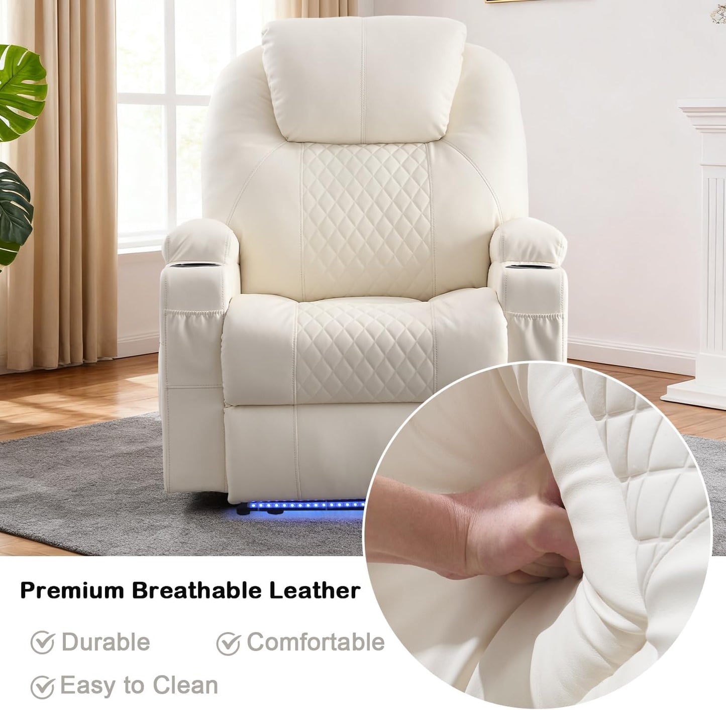 Power Recliner Chair with Heat and Massage for Adults - Home Theater Seating with LED Lights,Cup Holders,Side Pocket,Usb Port - Recliner Sofa for Living Room (Beige, Single Recliner)