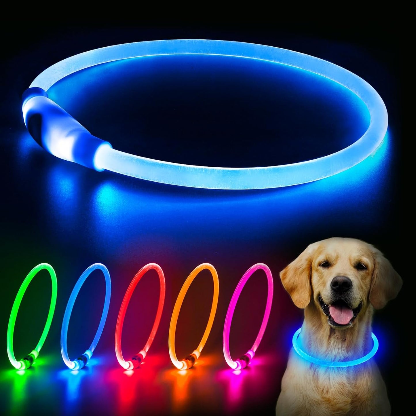 Flashseen LED Dog Collar, USB Rechargeable Glowing Lighted up Collar, Cuttable Water-Resistant TPU Safety Collar Lights for Small Medium Large Dogs