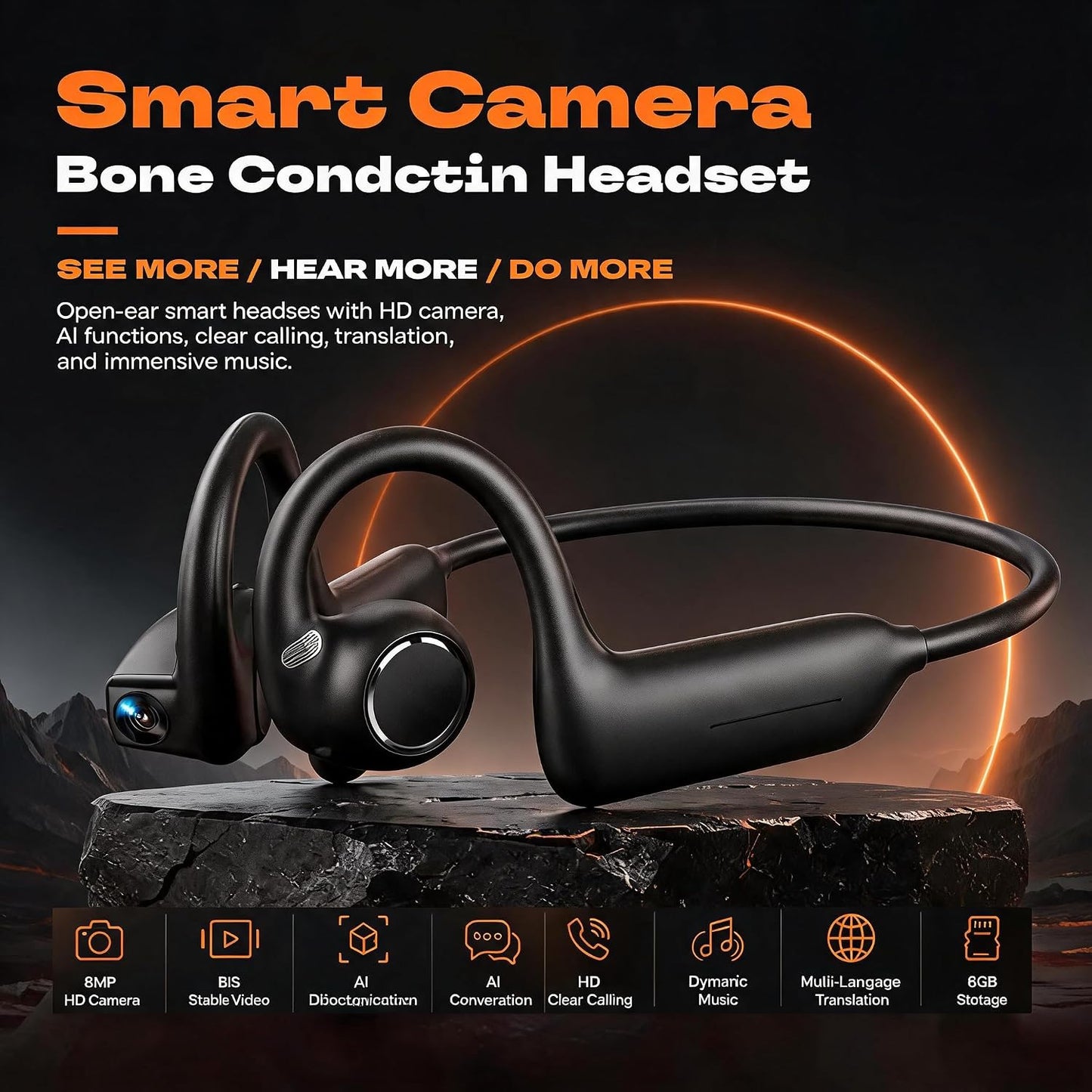 E12 Bone Conduction Headphones with Camera, Open-Ear, Comfort Fit, Hi-Fi | Hands-Free POV Camera, AI Translation & Smart Conversation, Wireless Bluetooth Sport Earphones with App for Running & Travel