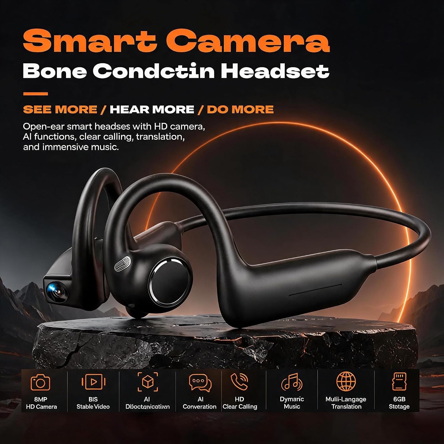 E12 Bone Conduction Headphones with Camera, Open-Ear, Comfort Fit, Hi-Fi | Hands-Free POV Camera, AI Translation & Smart Conversation, Wireless Bluetooth Sport Earphones with App for Running & Travel