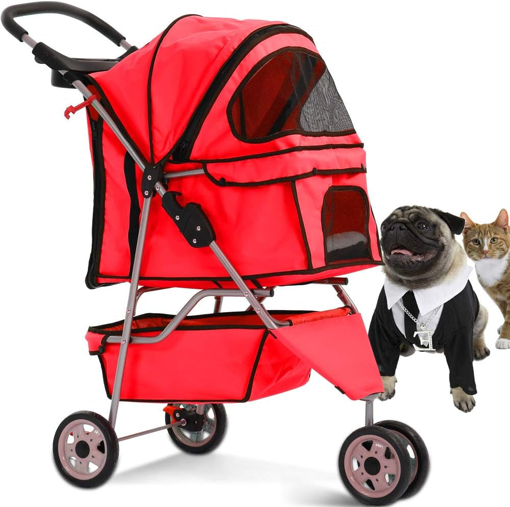 Dkeli 3-Wheel Pet Stroller, Lightweight Foldable Dog Stroller for Small Medium Dogs & Cats, Breathable Mesh & Weather Cover with Storage Basket, for Daily Walk Outdoor Travel (Black)