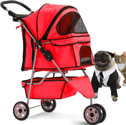 Dkeli 3-Wheel Pet Stroller, Lightweight Foldable Dog Stroller for Small Medium Dogs & Cats, Breathable Mesh & Weather Cover with Storage Basket, for Daily Walk Outdoor Travel (Black)