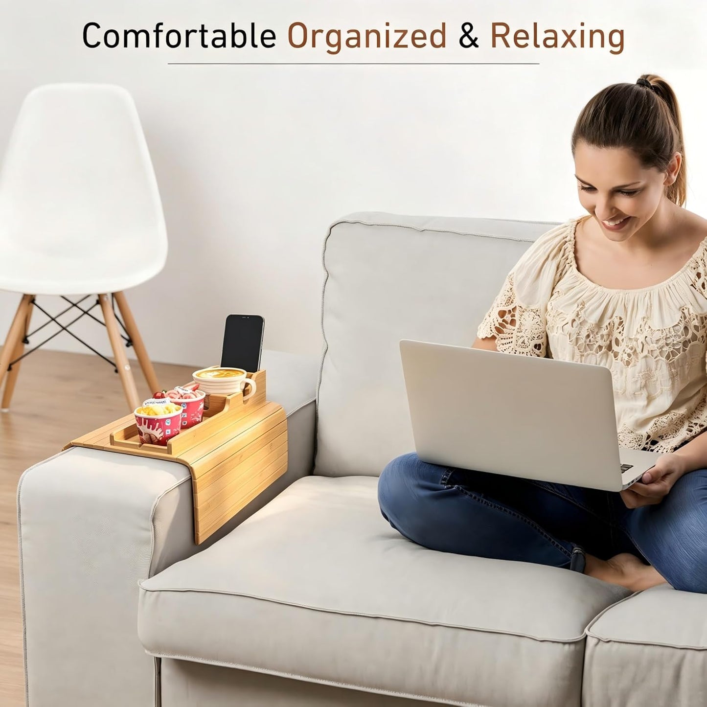 Yoshiky Bamboo Couch Armrest Table, Couch Arm Tray with Removable Couch Cup Holder, 2 in 1 Design Foldable Anti-Slip Bamboo Couch Tray and Sofa Cup Holder for Drink