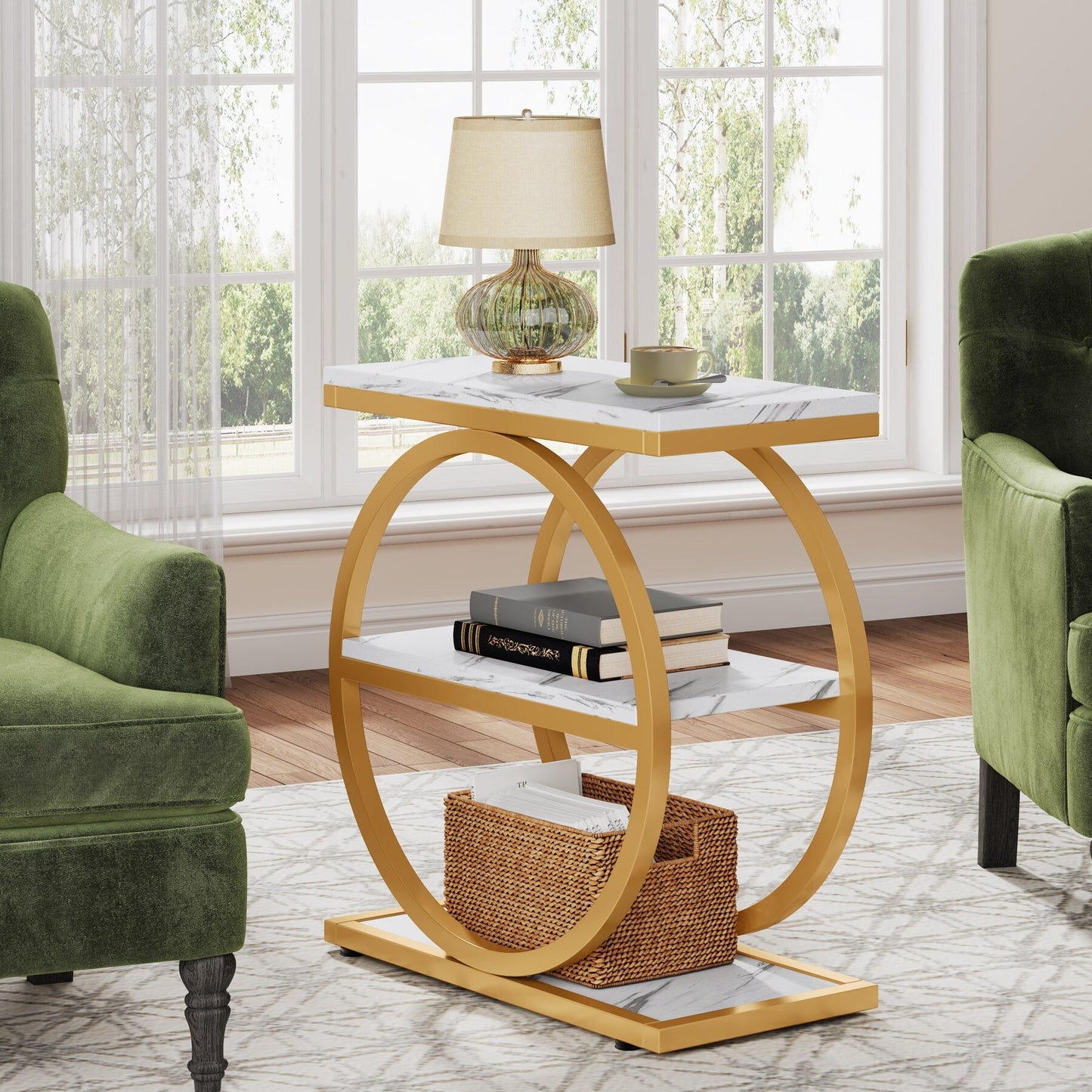 Narrow End Table with 3 Storage Shelves, Wood Side Table for Living Room