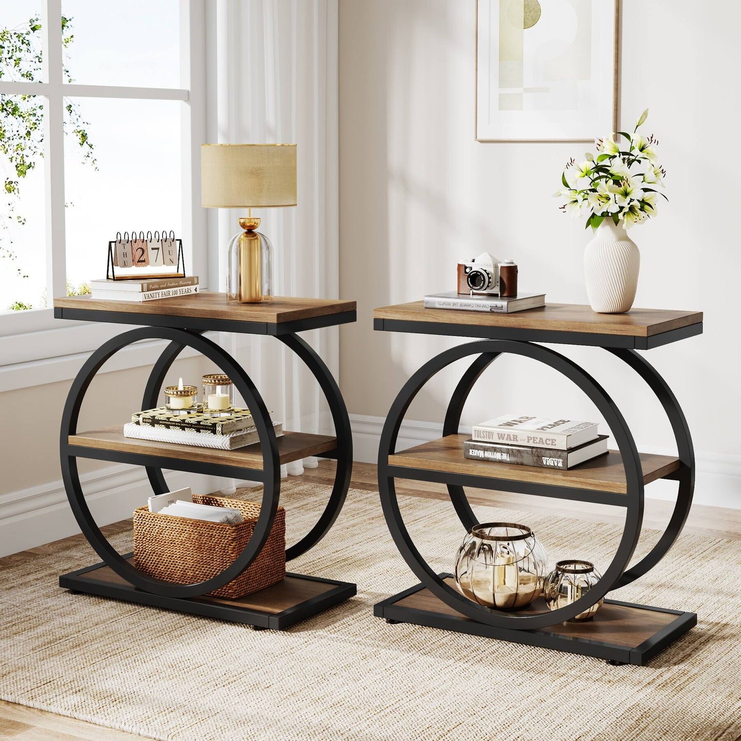 Narrow End Table with 3 Storage Shelves, Wood Side Table for Living Room