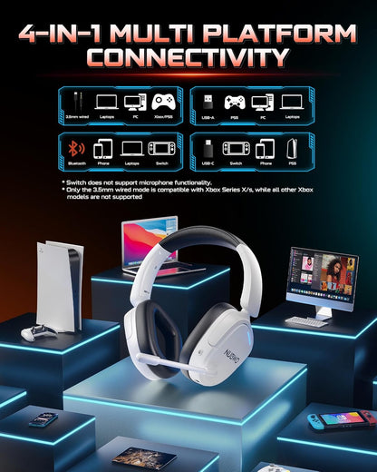 NUBWO Wireless Gaming Headset for PC, PS5, PS4, Connect to Game & Phone Simultaneously (2.4Ghz + Bluetooth), 3 EQ Modes, 50H Battery, PS5 Headset with Mic, Lightweight Foldable Headphones White/Black