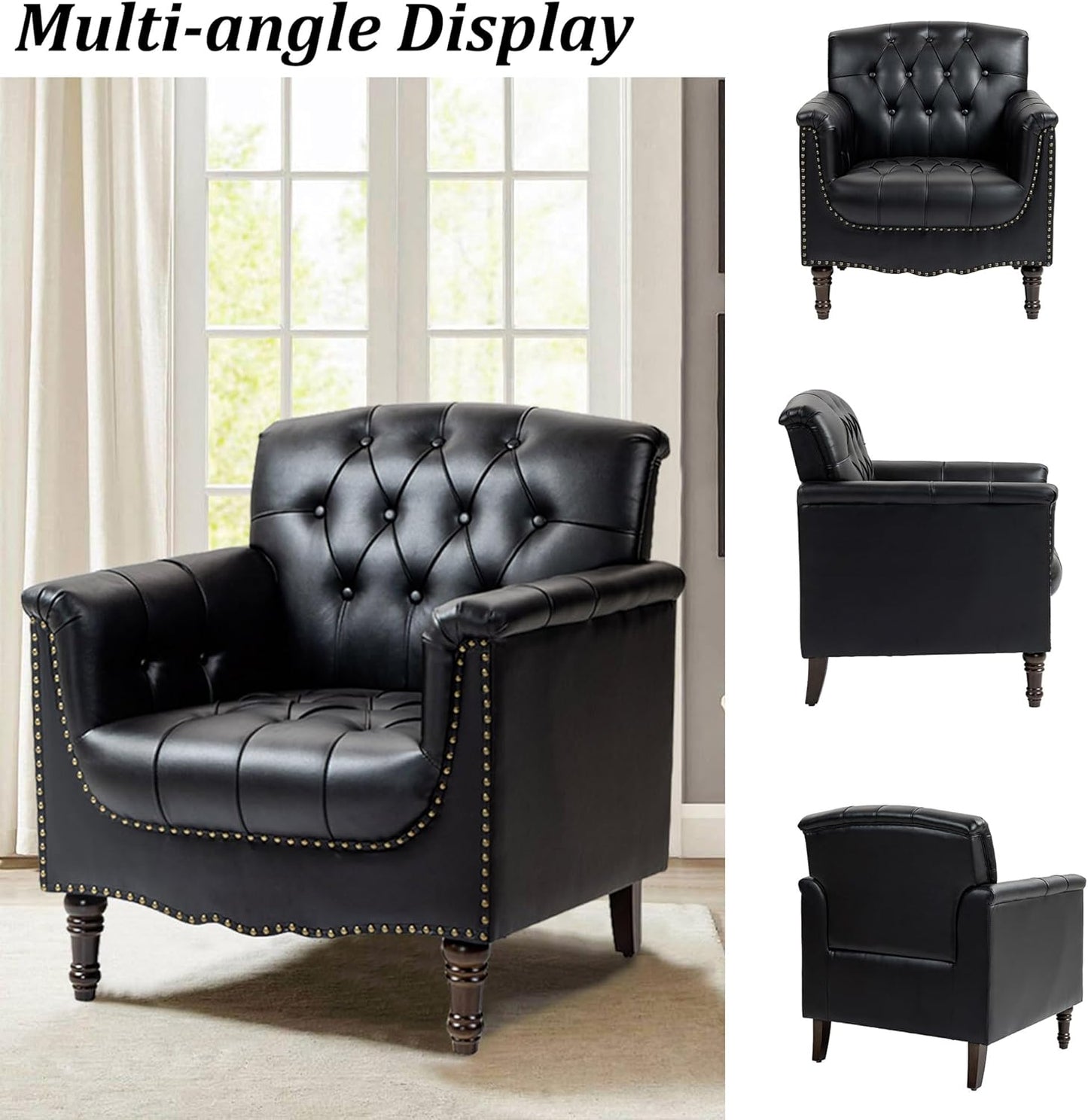 DREAMSIDEA Faux Leather Accent Chair, PU Leather Modern Comfy Upholstered Armchair with Wood Legs & Nailhead Trim for Living Room, Bedroom (Black,Set of 2)