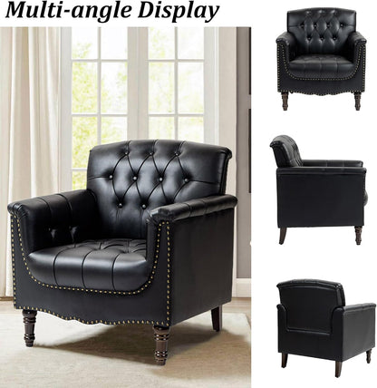 DREAMSIDEA Faux Leather Accent Chair, PU Leather Modern Comfy Upholstered Armchair with Wood Legs & Nailhead Trim for Living Room, Bedroom (Black,Set of 2)