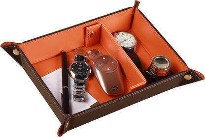 Viral Vault Roman Texture Valet Tray — PU Leather EDC Catchall & Nightstand Organizer