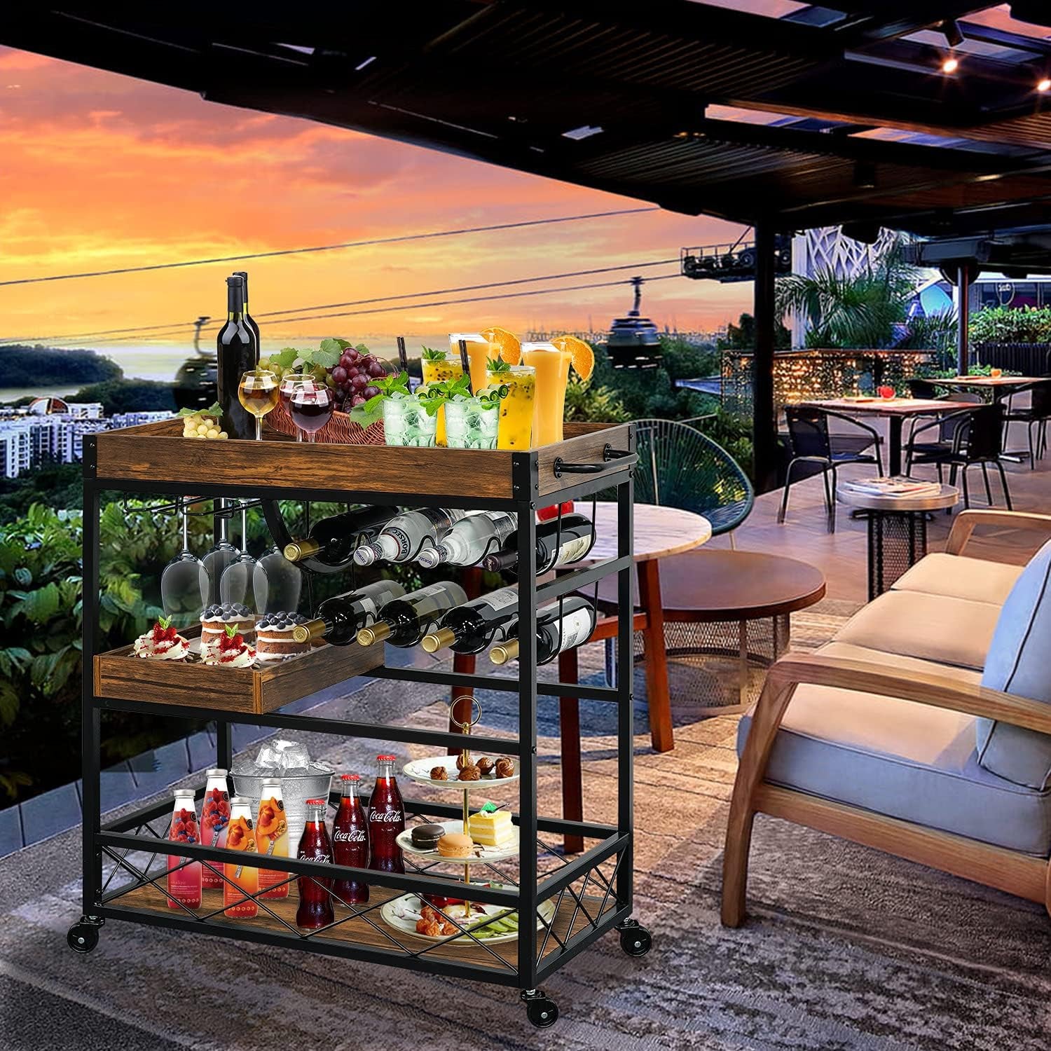 Ohsuaniy Bar Cart for the Home, 3 Tire Industrial Rolling Serving Cart on Lockable Wheels, Alcoholic Beverage Trolley with 2 Removable Trays, Wine Rack and Glass Holder for Indoor, Outdoor