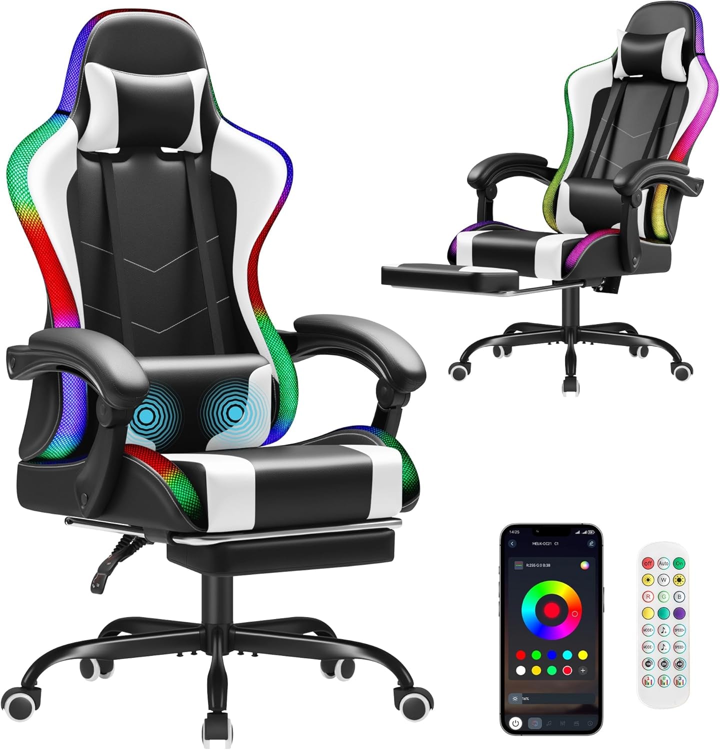 Homall Gaming Chair, Video Game Chair with Footrest and Massage Lumbar Support, Ergonomic Computer Chair Height Adjustable with Swivel Seat and Headrest (White)