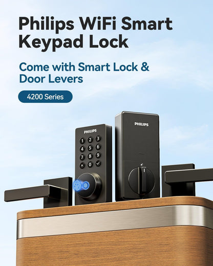 Philips Wifi Keypad Door Lock with Handle, Built-In Wifi, APP Remote Control, Voice & Fingerprint Unlock, Smart Locks for Front Door with Auto Lock, Digital Front Door Lock Set, Keyless Entry Deadbolt