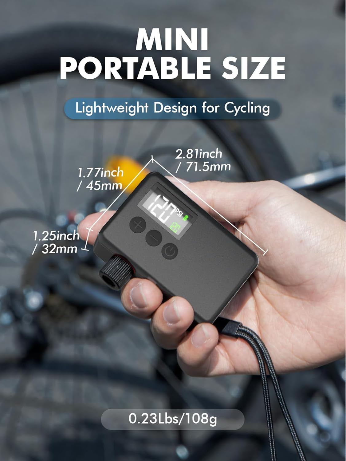 Mini Bike Tire Air Pump: Fast Inflate Portable Small Bicycle Electric Pump for Presta and Schrader Valves, 120 Psi High Pressure Pump with Digital Gauge for Road Bike, Mountain Bike, E-Bike