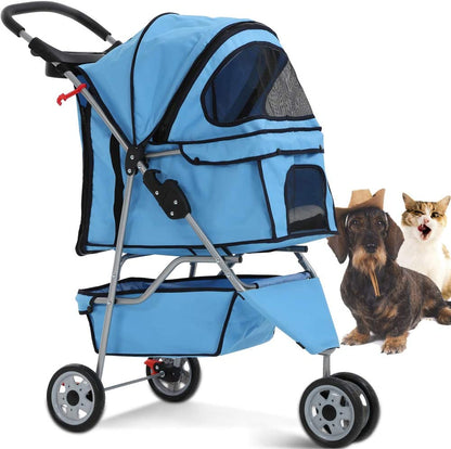 Dkeli 3-Wheel Pet Stroller, Lightweight Foldable Dog Stroller for Small Medium Dogs & Cats, Breathable Mesh & Weather Cover with Storage Basket, for Daily Walk Outdoor Travel (Black)