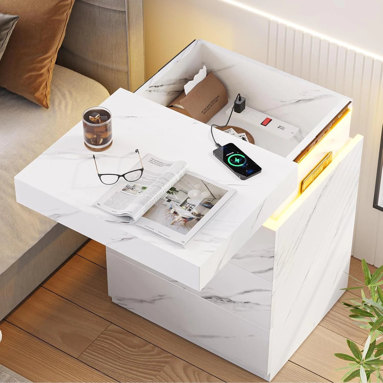 Bedroom Nightstand Charging Station LED Lights Sliding Top Drawers