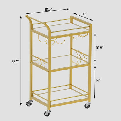 TUTOTAK Bar Cart, Home Bar Serving Cart with 3-Tier Mirrored Shelf, Wine Cart, Mobile Kitchen Shelf, Gold BC01BB034