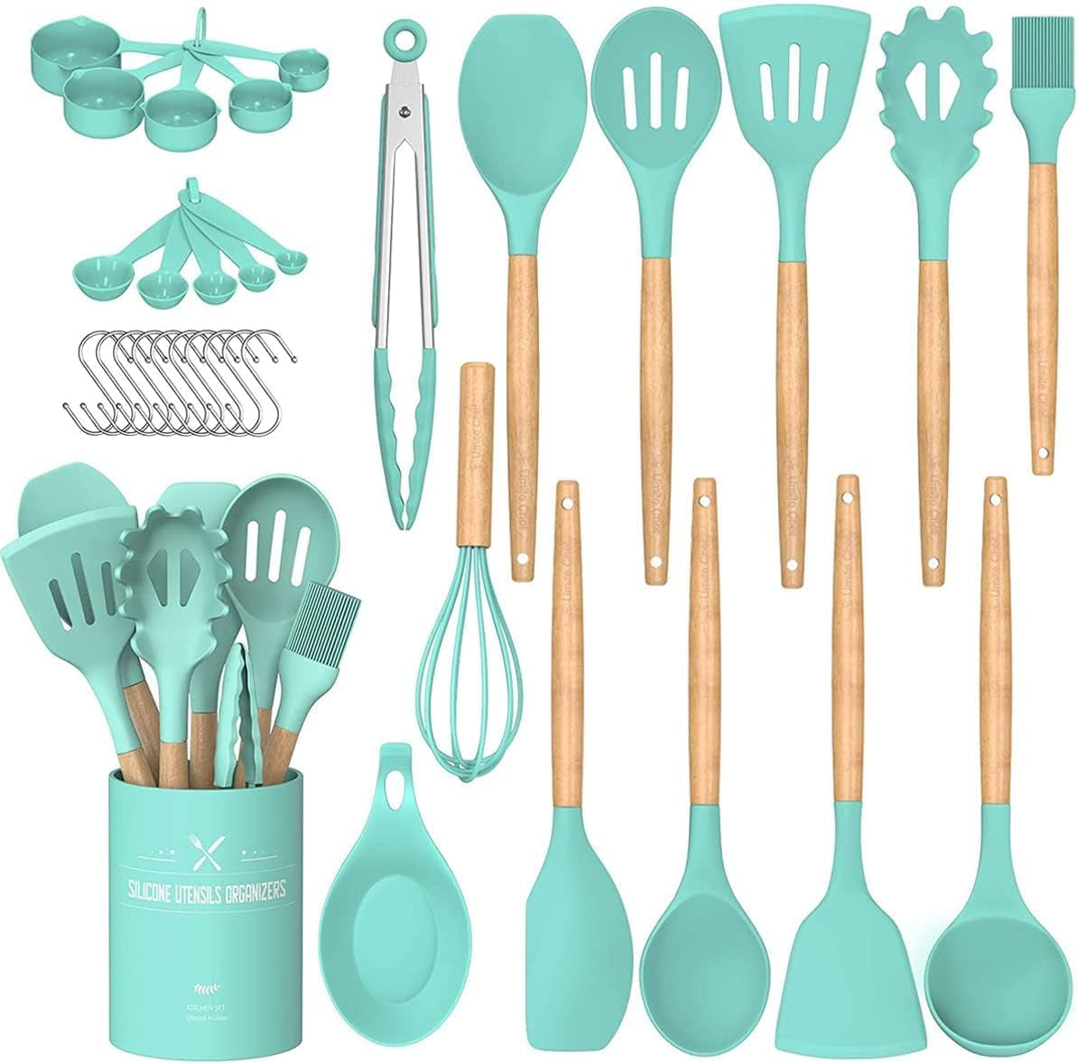 Umite Chef Kitchen Cooking Utensils Set, 33 Pcs Non-Stick Silicone Cooking Kitchen Utensils Spatula Set with Holder, Wooden Handle Silicone Kitchen Gadgets Utensil Set (Khaki)
