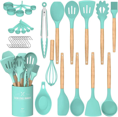 Umite Chef Kitchen Cooking Utensils Set, 33 Pcs Non-Stick Silicone Cooking Kitchen Utensils Spatula Set with Holder, Wooden Handle Silicone Kitchen Gadgets Utensil Set (Khaki)