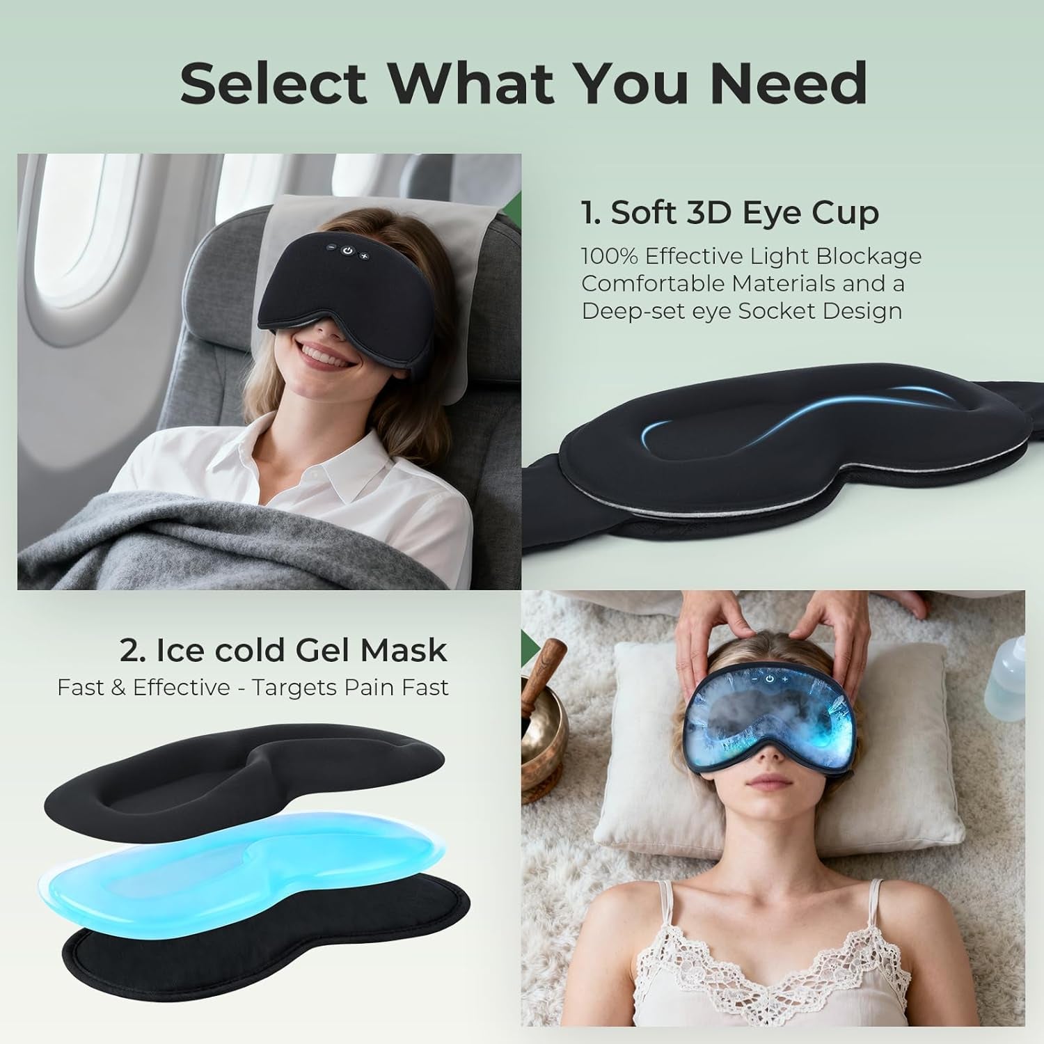 2 in 1 Smart Bluetooth Bamboo Cotton Sleep Mask Headphones, 3D Weighted Compress Cooling Gel Eye Mask 100% Blackout Sleep Mask Zero Eye Pressure|Warm&Cooling Mask Hot Cold Therapy Sleep Headphones