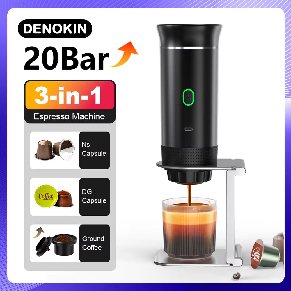 Portable Wireless Electric Espresso Coffee Maker for Car and Home - 3-in-1 Capsule and Ground Coffee Travel Machine