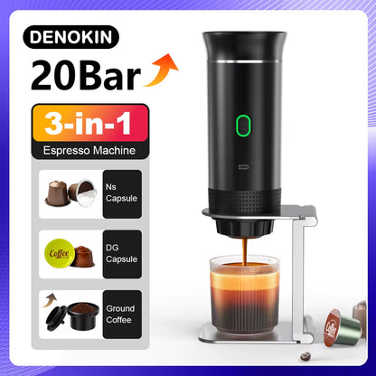 Portable Wireless Electric Espresso Coffee Maker for Car and Home - 3-in-1 Capsule and Ground Coffee Travel Machine