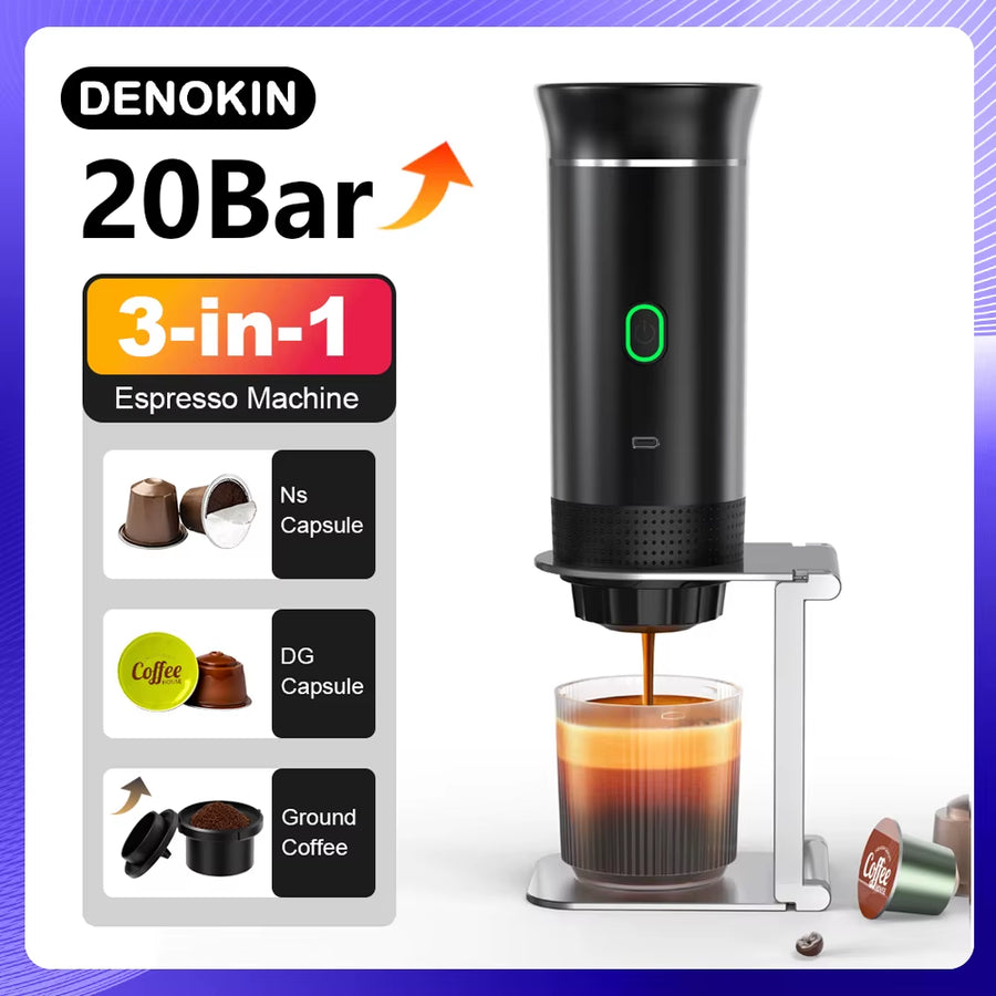 Portable Wireless Electric Espresso Coffee Maker for Car and Home - 3-in-1 Capsule and Ground Coffee Travel Machine