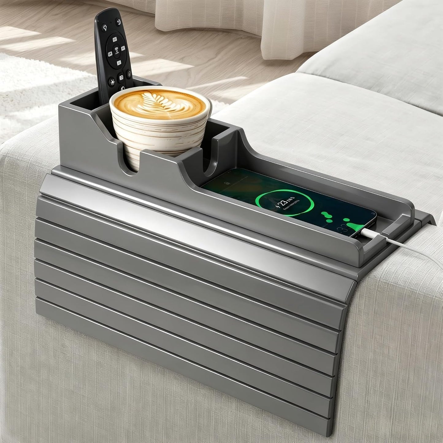 Yoshiky Bamboo Couch Armrest Table, Couch Arm Tray with Removable Couch Cup Holder, 2 in 1 Design Foldable Anti-Slip Bamboo Couch Tray and Sofa Cup Holder for Drink