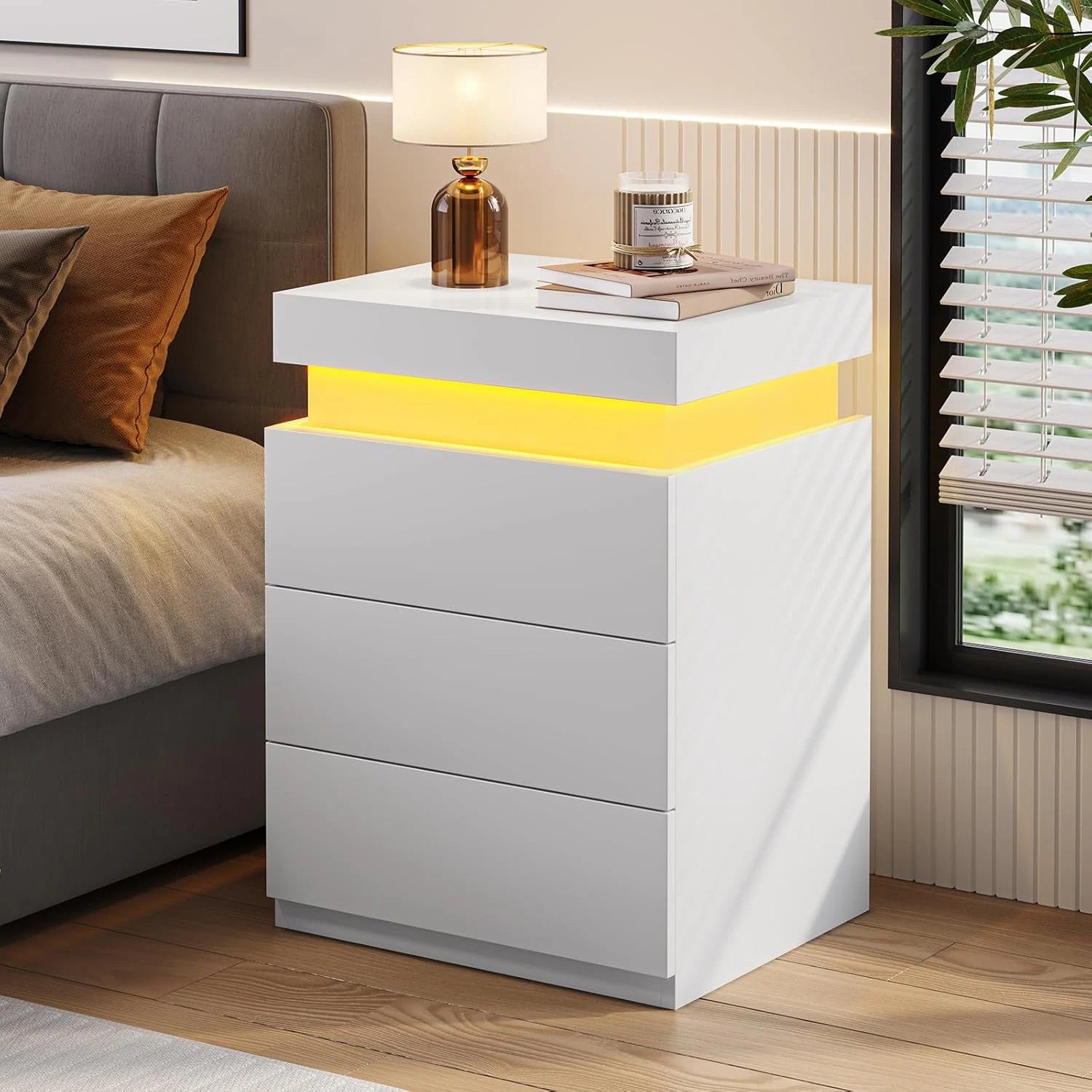 Bedroom Nightstand Charging Station LED Lights Sliding Top Drawers